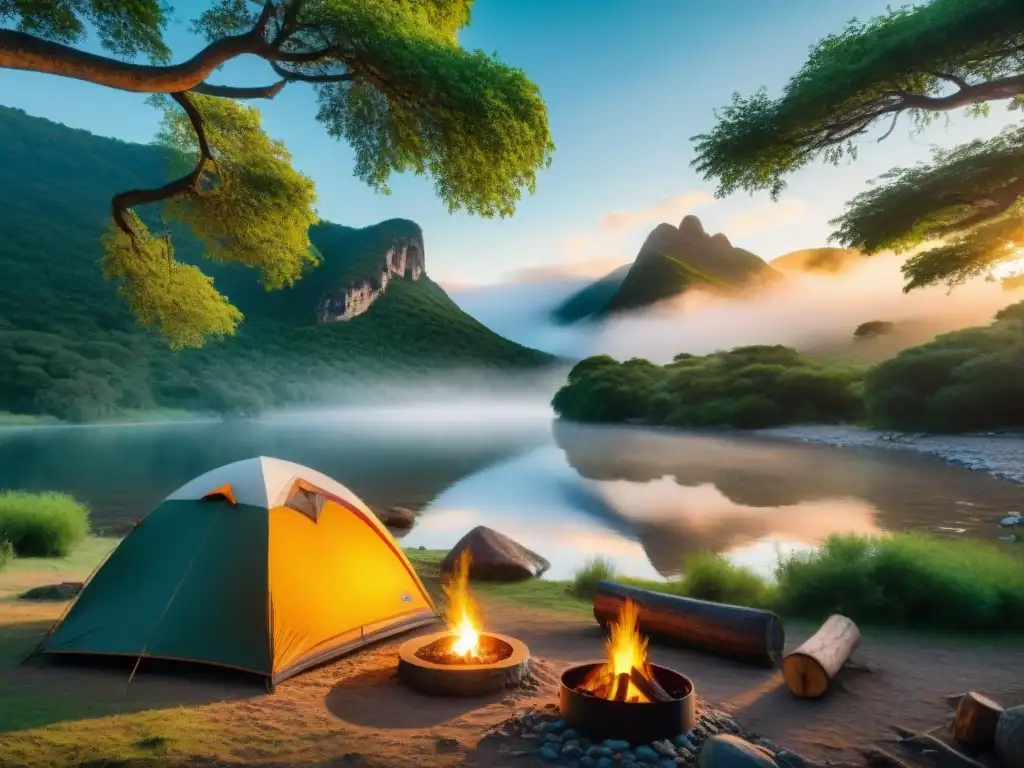 Campamento sereno junto al río en Uruguay Un campamento sereno junto a un río cristalino en Uruguay