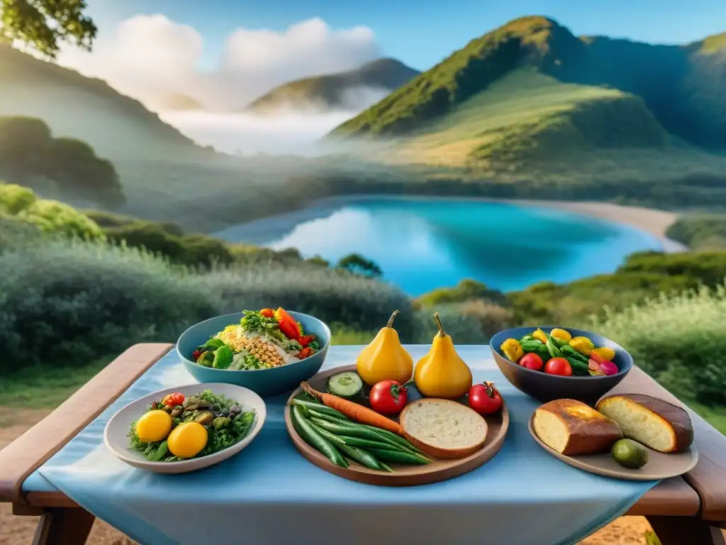 Delicias vegetarianas en campamento uruguayo Un campamento sereno en Uruguay con una mesa de picnic de madera rústica y deliciosa comida vegetariana