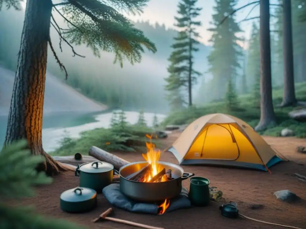 Refugio natural: acampando en armonía con la naturaleza Un campamento sereno y natural en el bosque, con tienda, fogata y estufa, resaltando el camping responsable técnicas herramientas