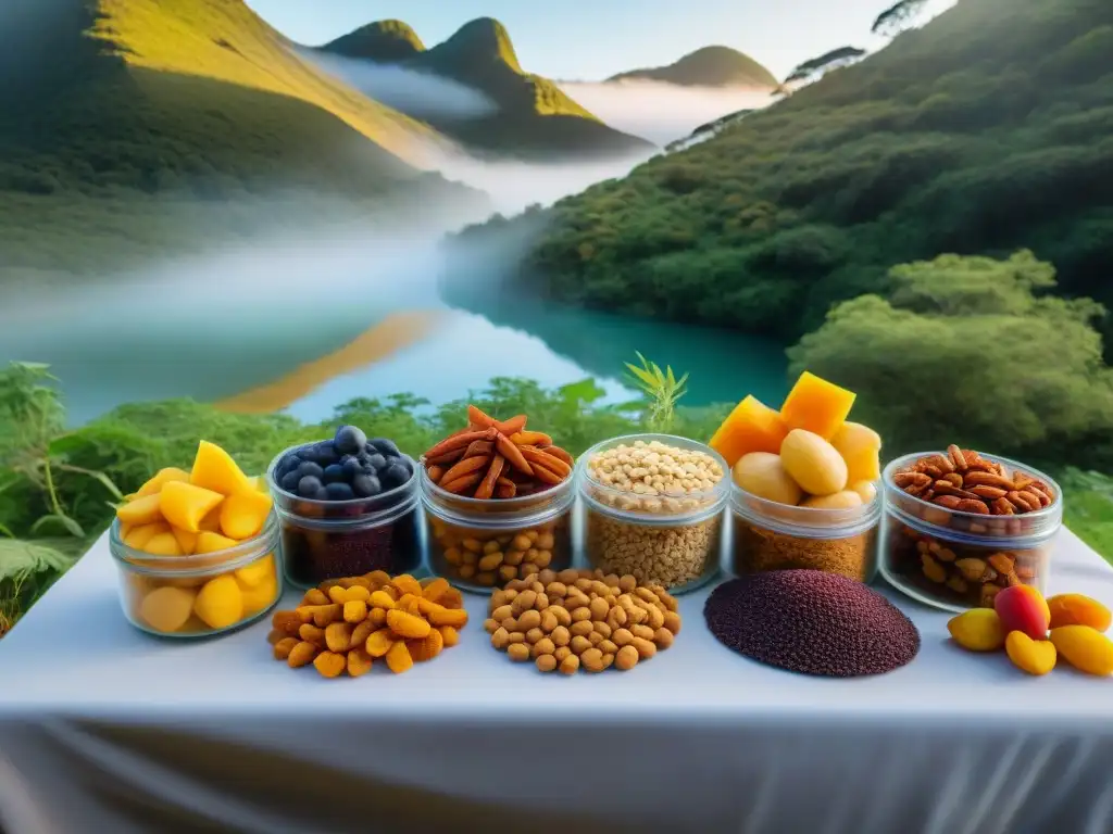 Deliciosas opciones de snacks deshidratados para acampar en Uruguay Un campamento sereno en la naturaleza de Uruguay con snacks deshidratados, ideal para una experiencia de camping relajante