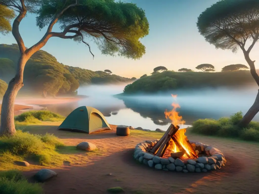 Camping salvaje en Uruguay: serenidad entre la naturaleza Un campamento sereno en la naturaleza de Uruguay, con tienda, fogata y río al atardecer