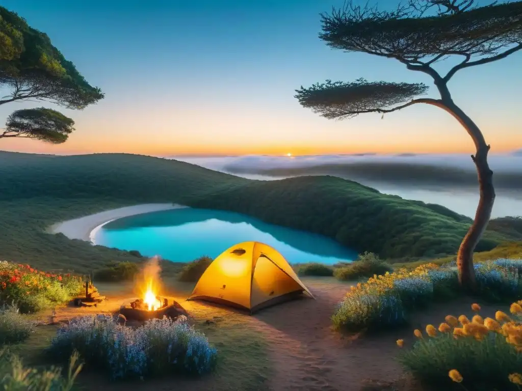 Campamento sereno junto al río en Uruguay Un campamento sereno en Uruguay, con río turquesa y naturaleza vibrante, ideal para lugares de acampada tranquilos en Uruguay
