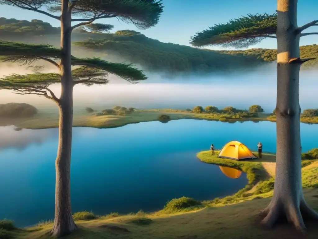 Camping en Uruguay: Naturaleza, Lago y Fogata Campamento sereno en Uruguay: vista panorámica de naturaleza exuberante, lago tranquilo y fogata con campistas disfrutando