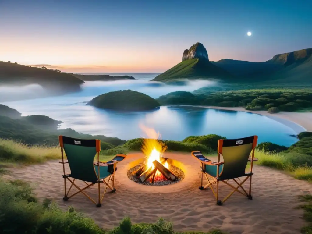 Un campamento sereno en Uruguay, con sillas de camping cómodas alrededor de una fogata bajo un cielo estrellado