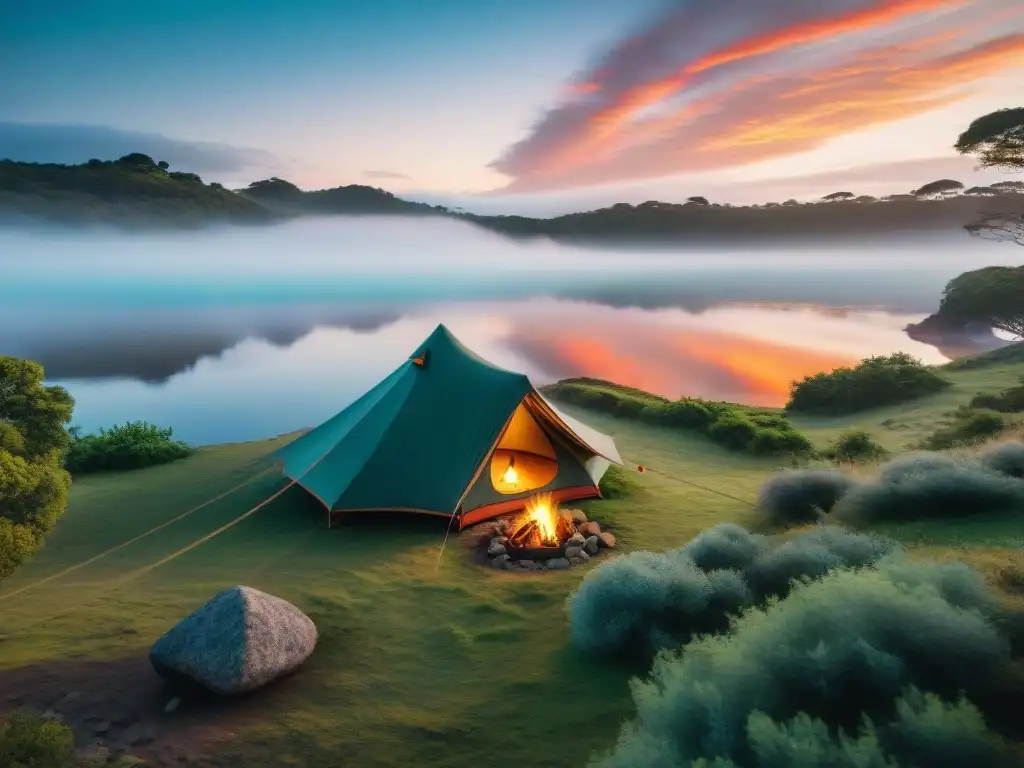 Campamento sereno en Uruguay: Naturaleza, aventura y tranquilidad Un campamento sereno en Uruguay con una tienda acogedora entre naturaleza exuberante y un lago tranquilo al atardecer
