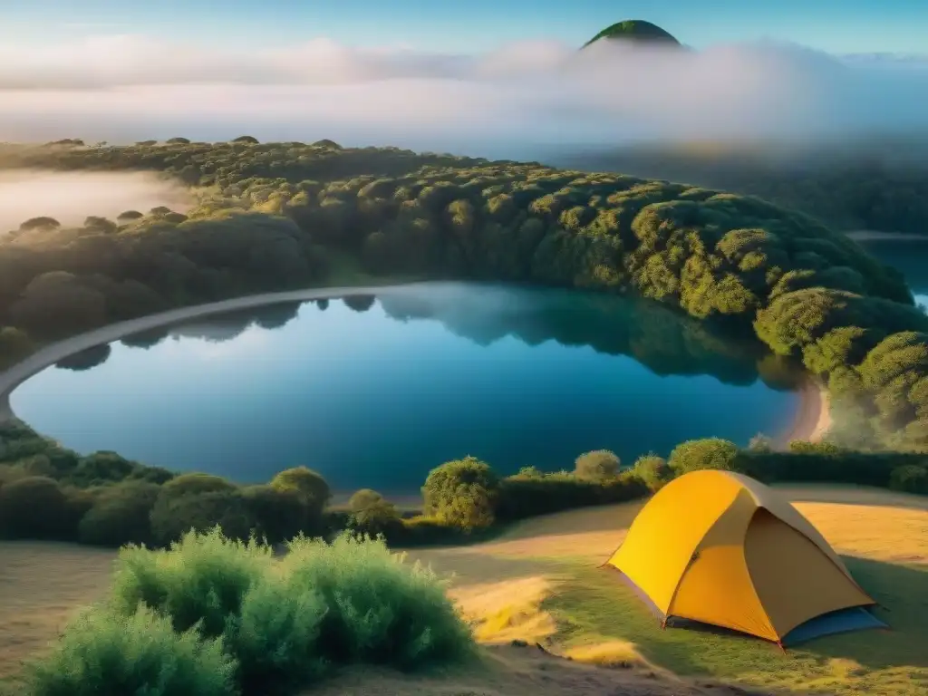 Campamento sereno en Uruguay: tienda acogedora junto al lago al amanecer Un campamento sereno en Uruguay, con una tienda acogedora entre exuberante vegetación junto a un lago al amanecer