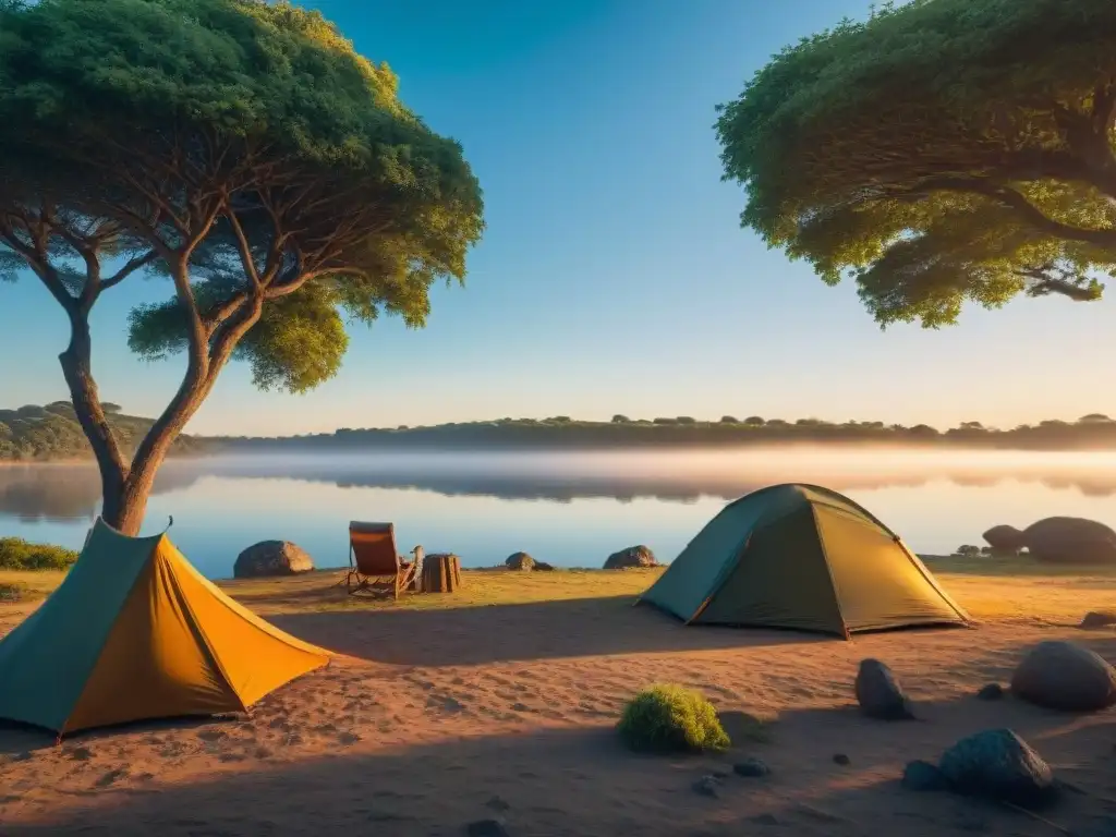 Campamento tranquilo junto al río en Uruguay Un campamento sereno en Uruguay, con una tienda bajo árboles junto al río, en la hora dorada