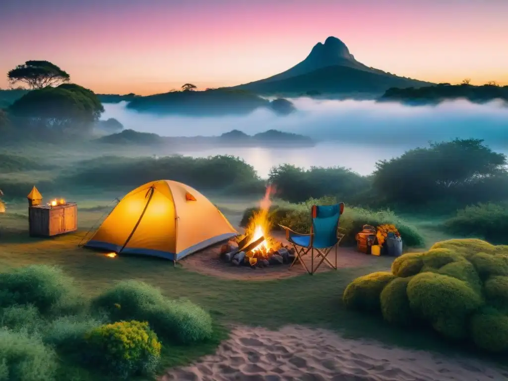 Camping mágico en Uruguay: tienda colorida bajo cielo estrellado Campamento sereno en Uruguay al anochecer, con tienda colorida bajo cielo estrellado