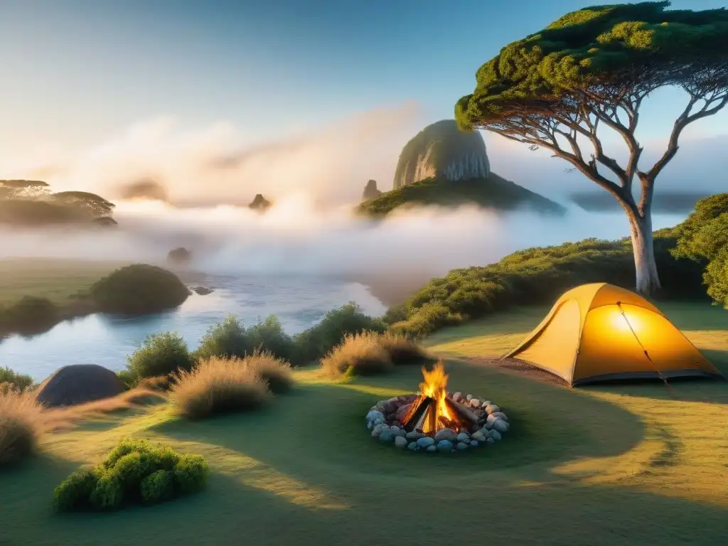 Campamento sereno en Uruguay: tienda, fogata y río al atardecer Campamento sereno en Uruguay con tienda, fogata y silla de camping, rodeado de naturaleza