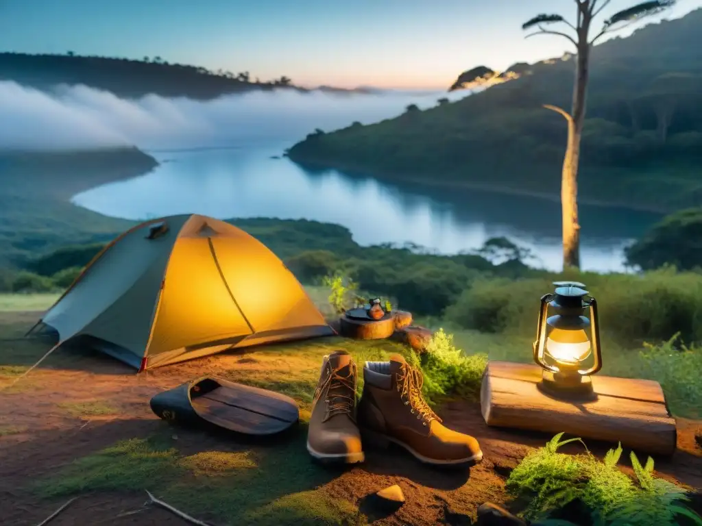 Campamento mágico en Uruguay: tent, fogata y mate al atardecer Campamento sereno en Uruguay: tienda iluminada por fogata al anochecer, esencia de acampar