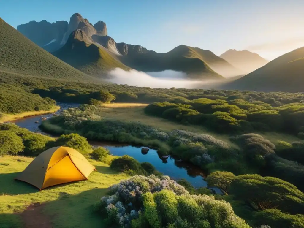 Campamento sereno en Uruguay: armonía con la naturaleza Campamento sereno en Uruguay, con tienda minimalista entre naturaleza exuberante y arroyo cristalino al atardecer