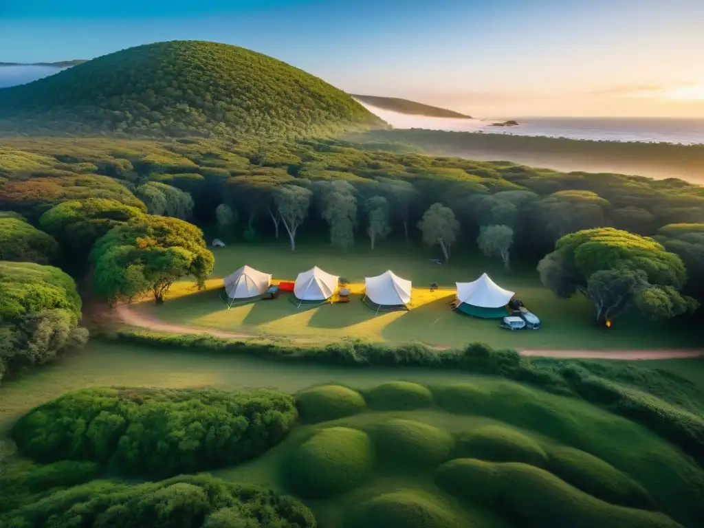 Camping en Uruguay: Aventura y tranquilidad en la naturaleza Campamento sereno en Uruguay: tiendas de campaña coloridas entre árboles verdes, arroyo cristalino al fondo