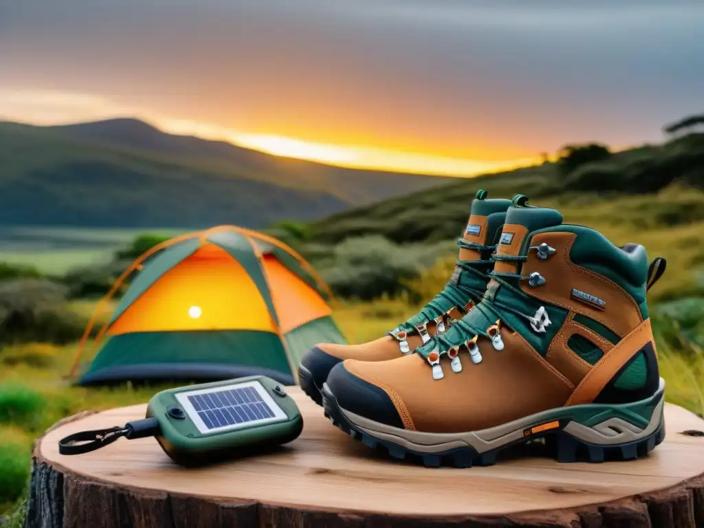 Campamento sostenible al atardecer en Uruguay Un campamento sostenible al atardecer en Uruguay: linternas solares, utensilios reutilizables y compostaje, fusionando tecnología y naturaleza