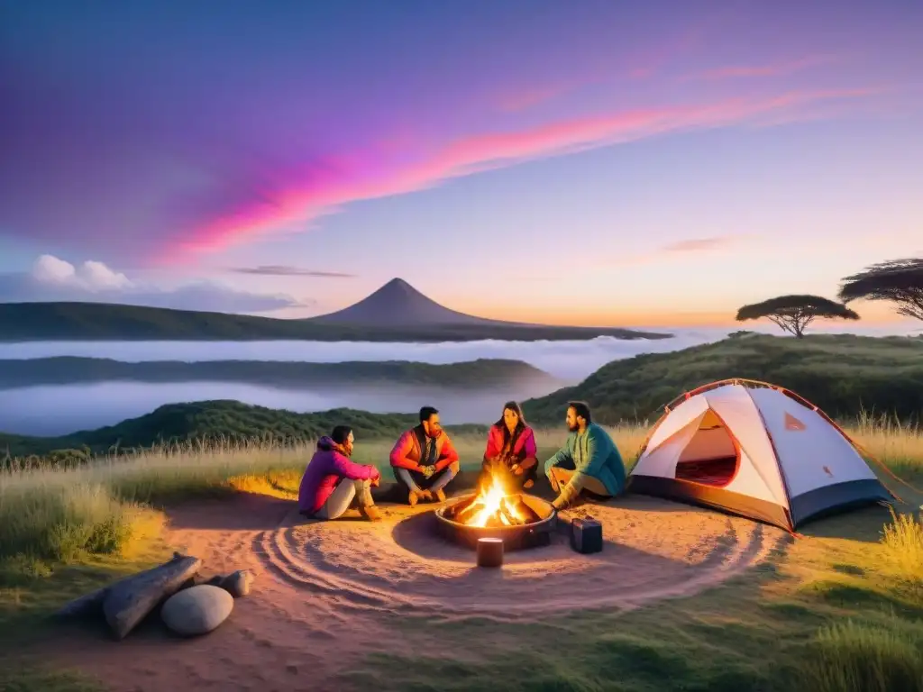 Campamento sostenible en Uruguay: atardecer mágico en la naturaleza Campamento sostenible en Uruguay al atardecer con paquetes ecológicos camping Uruguay