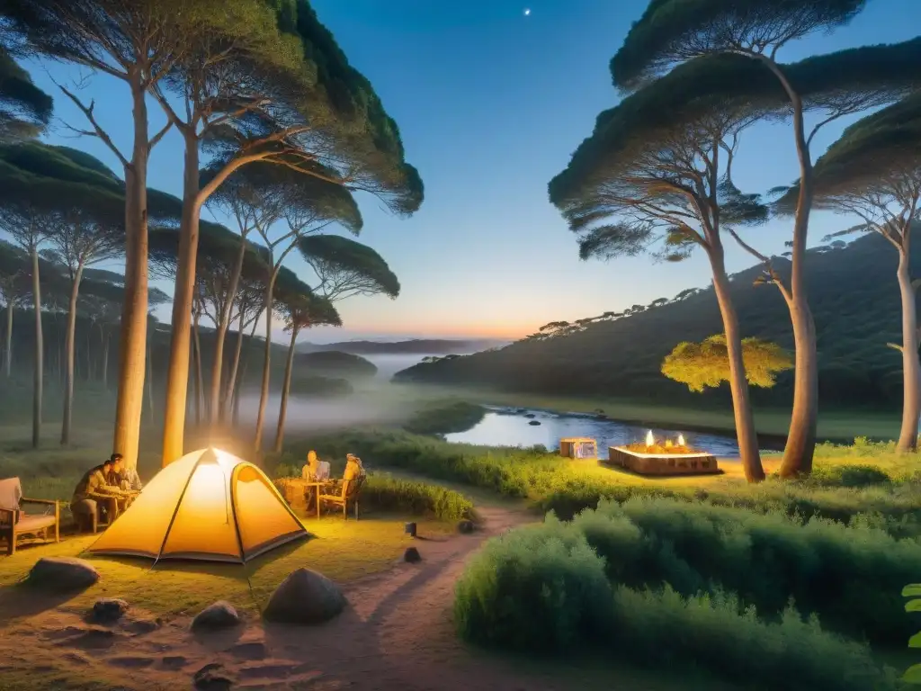 Campamento sostenible al atardecer en Uruguay Campamento sostenible al atardecer en Uruguay con sistema purificación agua