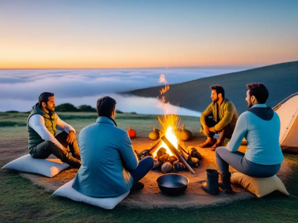 Camping sostenible al atardecer en Uruguay: tradición y naturaleza Campamento sostenible al atardecer en Uruguay, resaltando tradiciones y minimización residuos