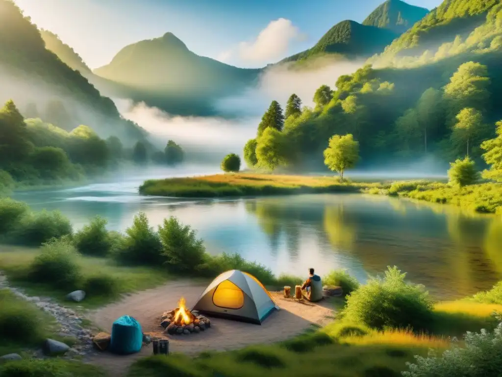 Camping sostenible en río: armonía natural y prácticas ecoamigables Campamento sostenible en el bosque junto al río, con campistas siguiendo consejos acampar sin dejar rastro