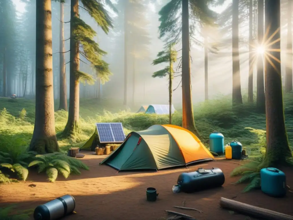 Camping sostenible en bosque verde con energía solar Campamento sostenible en el bosque con paneles solares y prácticas ecológicas