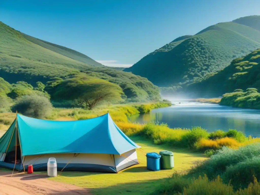 Campamento ecológico en Uruguay: Reciclaje en acción Campamento sostenible en Uruguay: campistas cuidadosos practican el 'Camping Basura Cero'