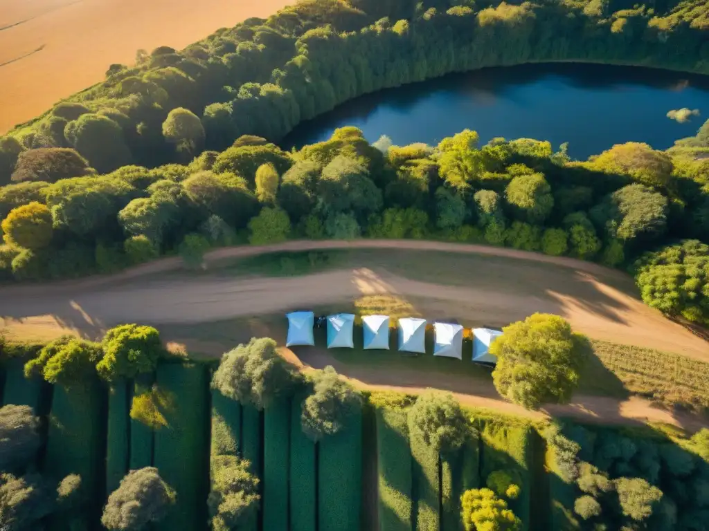 Campamento sostenible: armonía con la naturaleza en Uruguay Campamento sostenible en Uruguay: campistas practican el manejo de residuos al acampar al atardecer