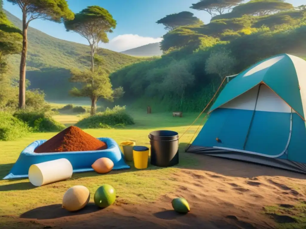 Campamento ecológico en Uruguay: compostaje y armonía con la naturaleza Campamento sostenible en Uruguay: compostera llena de desechos orgánicos junto a una tienda de campaña