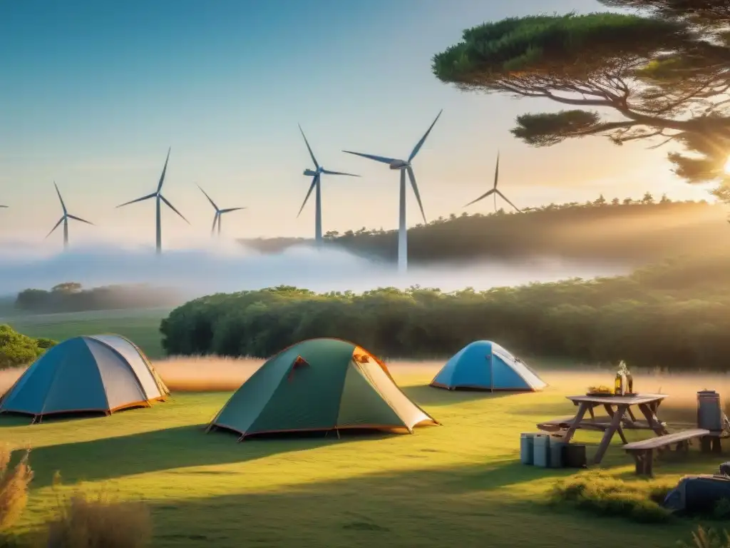 Opciones de energía sostenible para campistas en Uruguay Campamento sostenible en Uruguay con energía solar, turbinas eólicas y estufas de bioetanol
