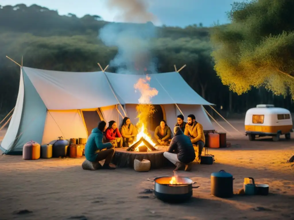 Campamento sostenible en Uruguay: Comunidad en armonía con la naturaleza Campamento sostenible en Uruguay: Opciones energéticas sostenibles campistas disfrutan del atardecer dorado