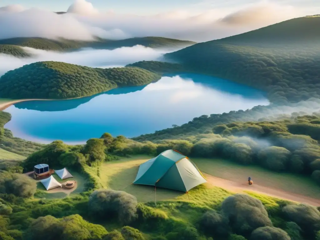 Camping sostenible en Uruguay: armonía natural Un campamento sostenible en Uruguay: paneles solares, contenedores de reciclaje y naturaleza exuberante
