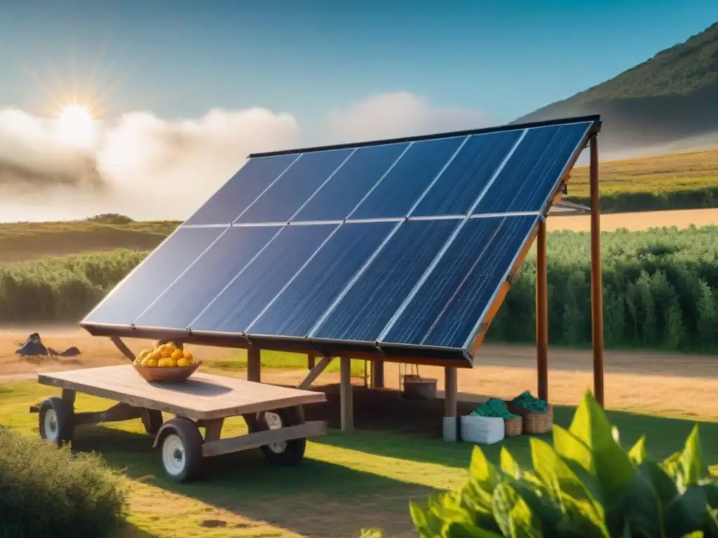 Instalación solar en camping ecológico de Uruguay Un campamento sostenible en Uruguay con paneles solares brillando bajo el sol, campistas cocinando con productos locales