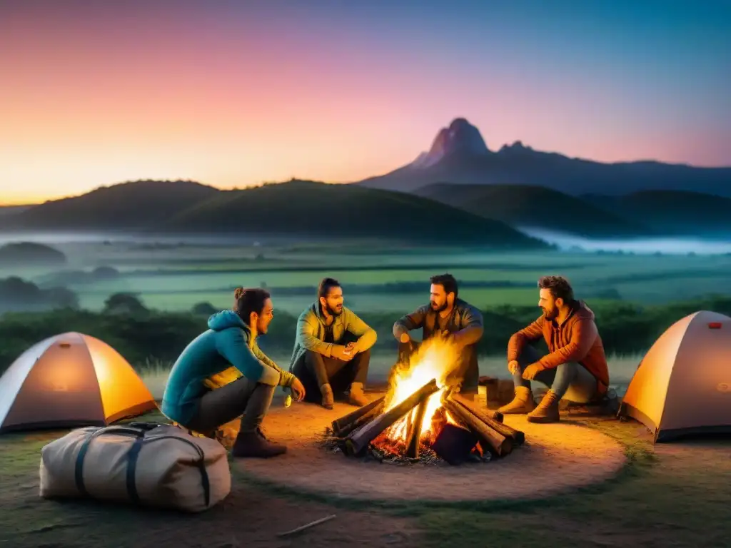 Campamento sostenible: Eco-campers en Uruguay Campamento sostenible en Uruguay: campistas ordenan reciclables alrededor de fogata bajo cielo estrellado