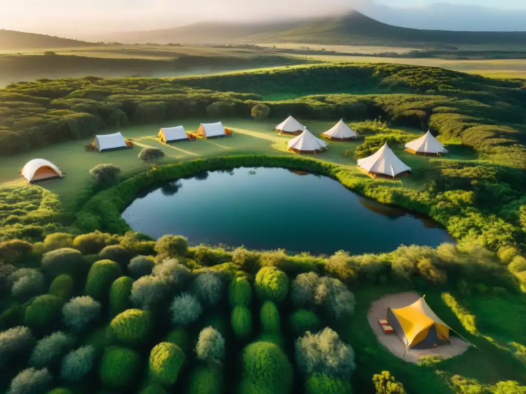 Camping eco-sostenible en Uruguay: tiendas verdes en paisaje natural Un campamento sostenible en Uruguay rodeado de naturaleza exuberante, con tiendas ecofriendly y un arroyo cristalino al atardecer