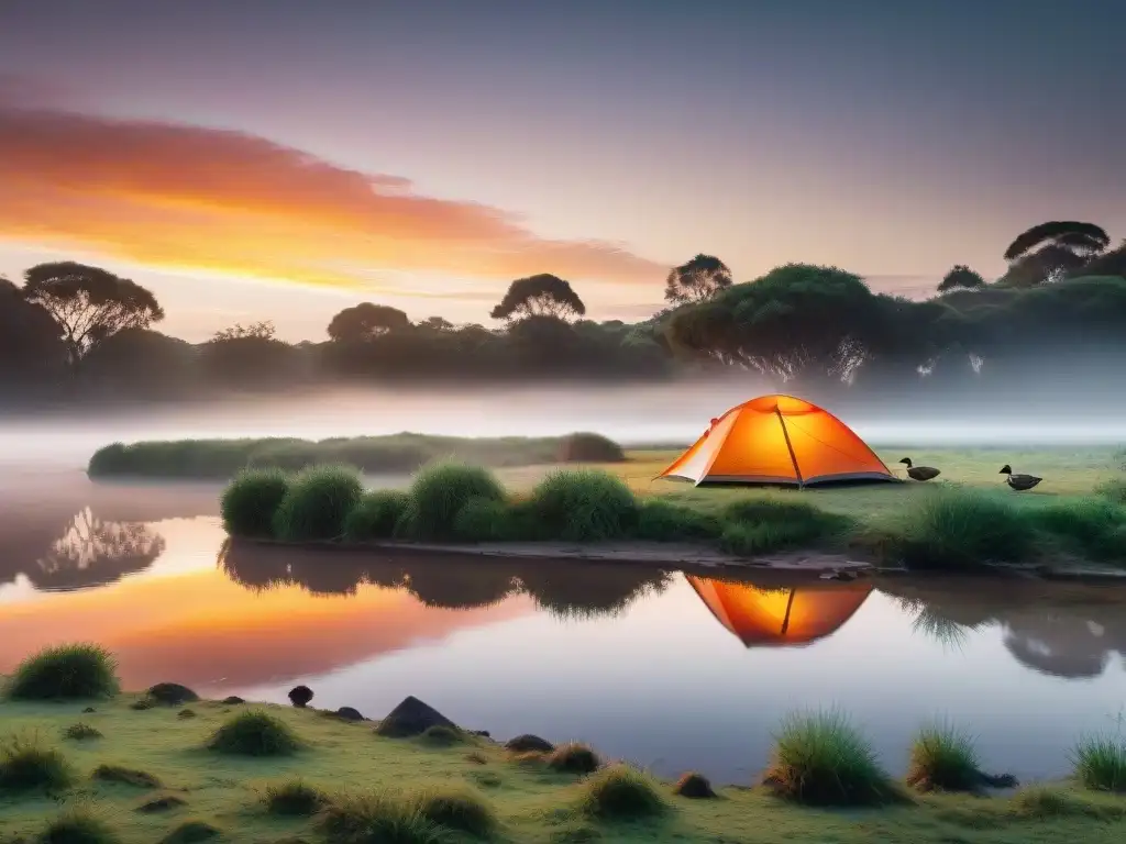 Campamento sostenible en Uruguay al atardecer Un campamento sostenible en Uruguay: una tienda iluminada por la noche con elementos ecológicos alrededor y un río tranquilo al fondo
