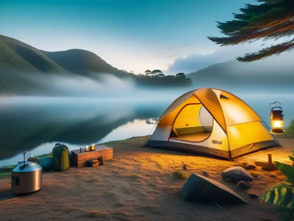 Campamento ecológico en Uruguay: minimalismo y sostenibilidad Campamento sostenible en Uruguay, con tienda minimalista y utensilios reutilizables