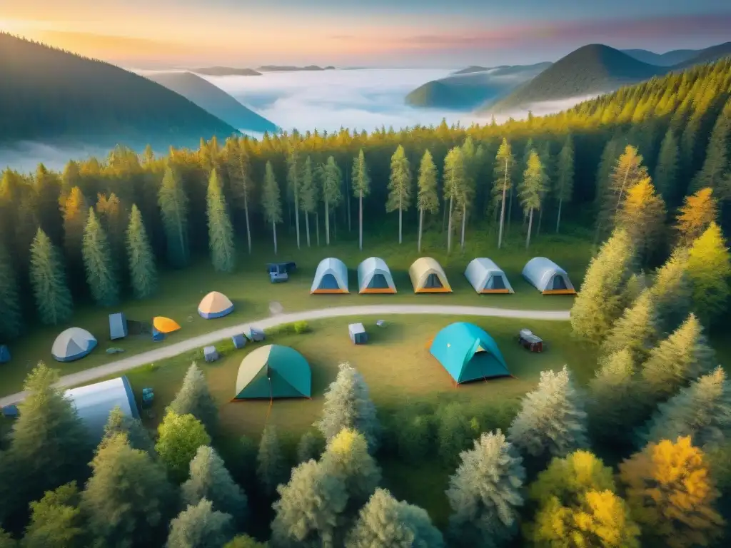 Camping ecológico en el bosque: armonía entre tecnología y naturaleza Campamento sostenible en el bosque: tiendas coloridas, paneles solares, senderismo responsable al atardecer