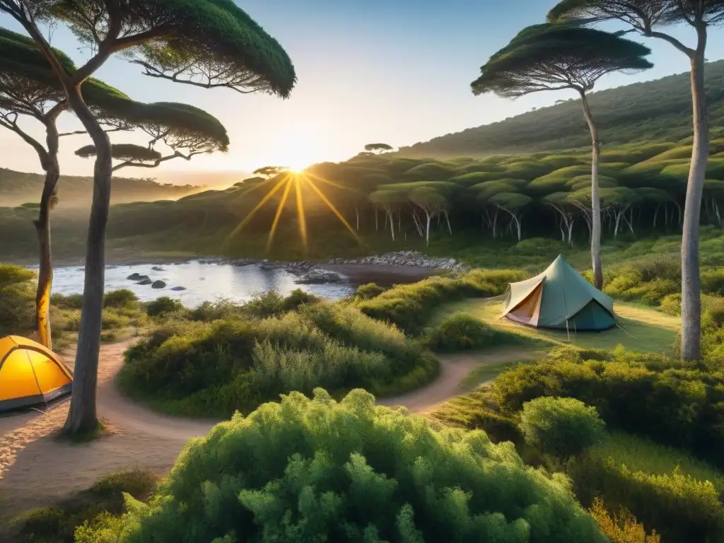 Campamento ecológico en Uruguay: serenidad entre la naturaleza Campamento sostenible en Uruguay con tiendas ecofriendly, paneles solares y un arroyo cristalino, bajo el cálido atardecer