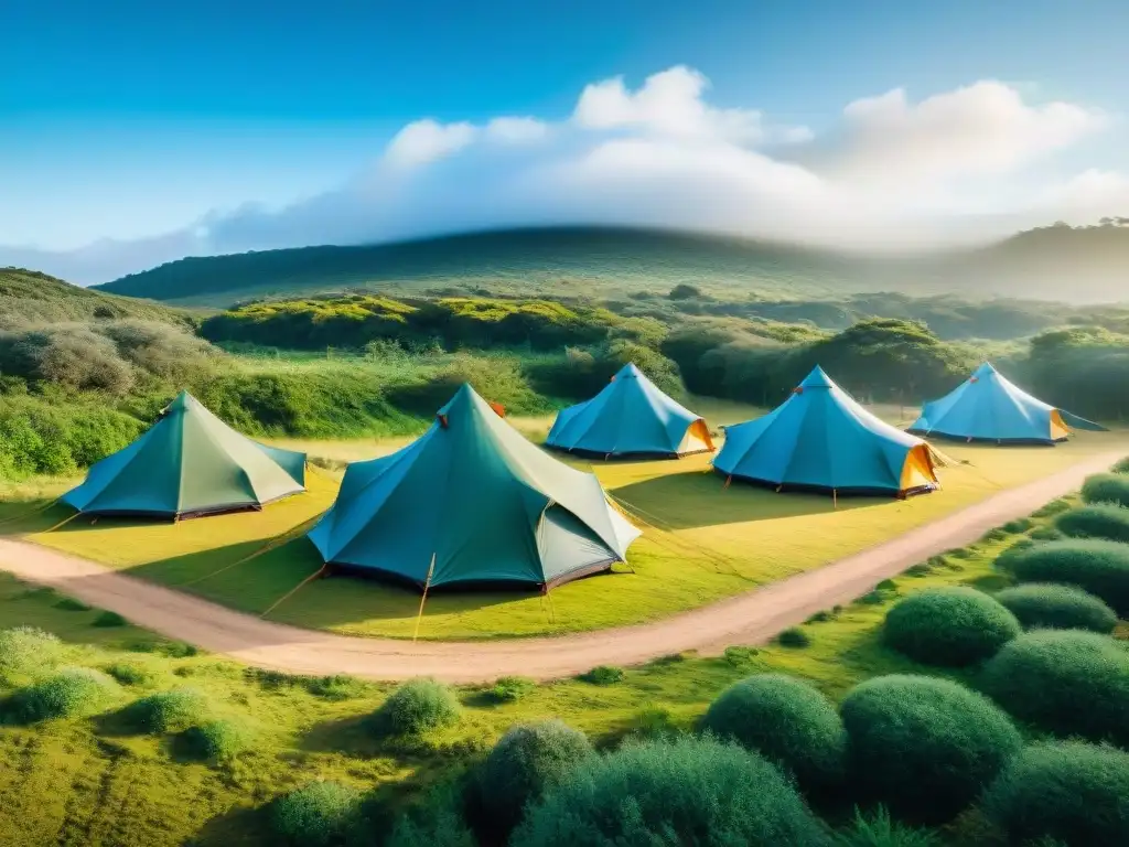 Campamento sustentable en Uruguay: eco-turismo responsable Un campamento sostenible en Uruguay: tiendas ecológicas entre vegetación, paneles solares, área de compostaje y visitantes responsables