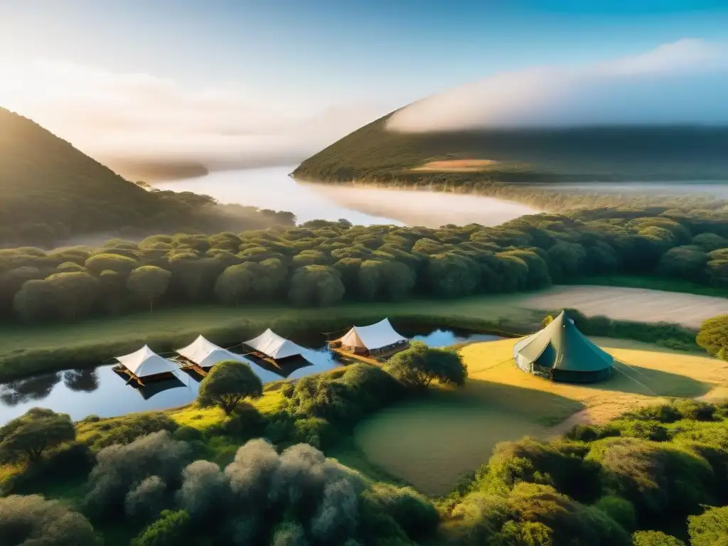 Campamento eco-sostenible al amanecer en Uruguay Campamento sostenible en Uruguay: tiendas ecológicas, paneles solares y naturaleza exuberante al amanecer
