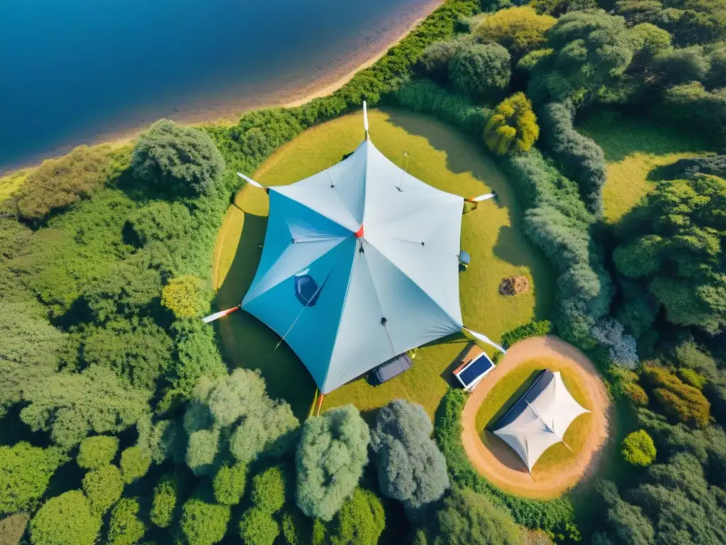 Campamento de lujo en Uruguay: tecnología y naturaleza Un campamento tecnológico en Uruguay con una tienda moderna y accesorios high-tech, rodeado de naturaleza exuberante