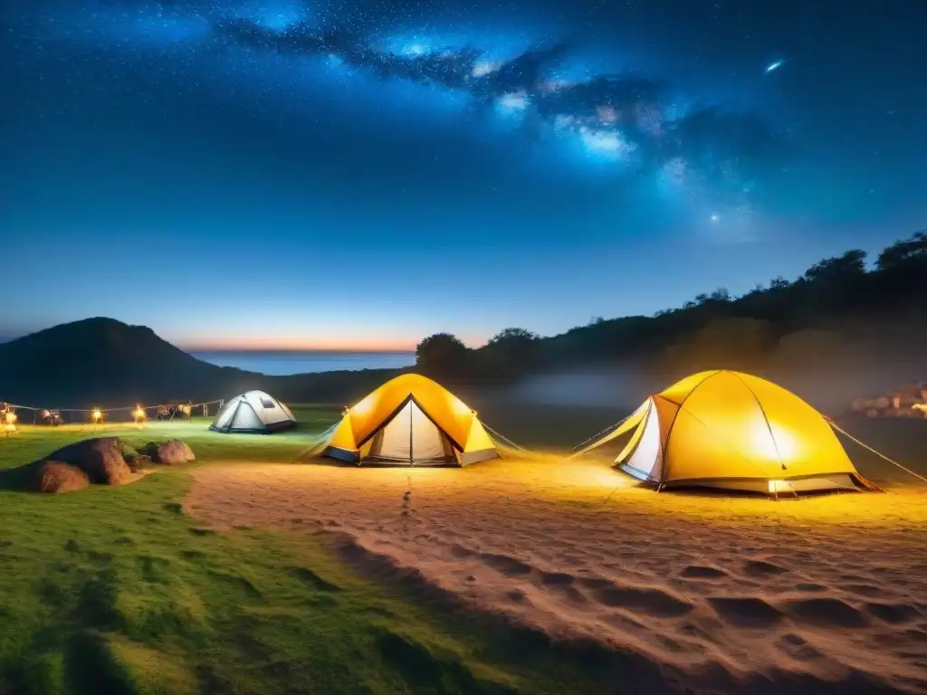 Camping mágico bajo las estrellas en Uruguay El campamento en Uruguay muestra tiendas iluminadas con linternas y luces, creando una atmósfera mágica y tranquila
