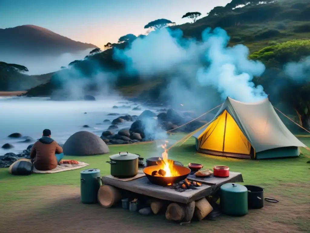 Cocina tradicional uruguaya en campamento natural Un campamento tradicional uruguayo con cocinas portátiles en un entorno natural pintoresco