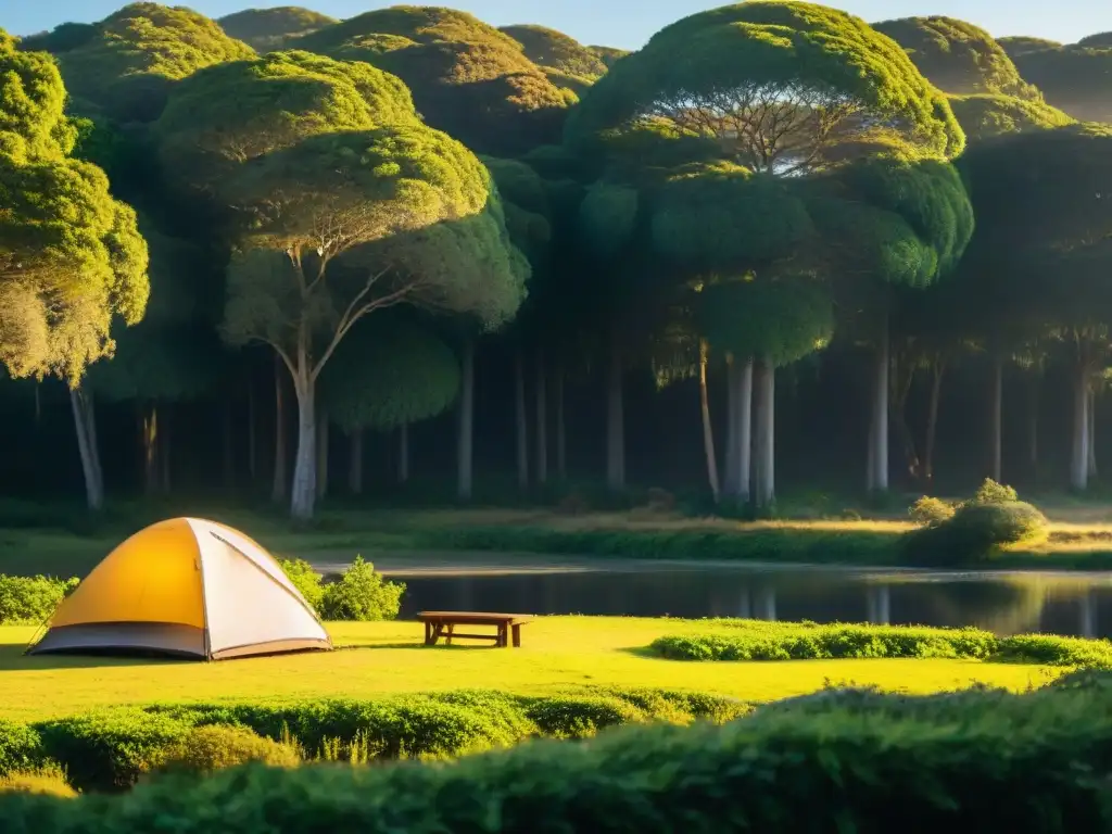 Campamento sereno en Uruguay: tienda entre árboles Campamento tranquilo entre árboles altos en Uruguay, con tienda de campaña y arroyo cristalino