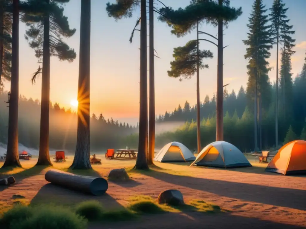 Campamento seguro al atardecer: disfruta la naturaleza sin riesgos Un campamento tranquilo al atardecer, con campistas responsables y un guardabosques vigilante
