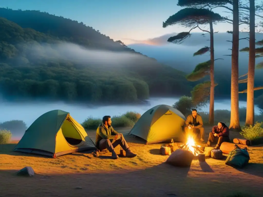 Campamento en Uruguay: convivencia bajo las estrellas Un campamento tranquilo en Uruguay al atardecer, con fogata y campistas compartiendo historias bajo el cielo estrellado