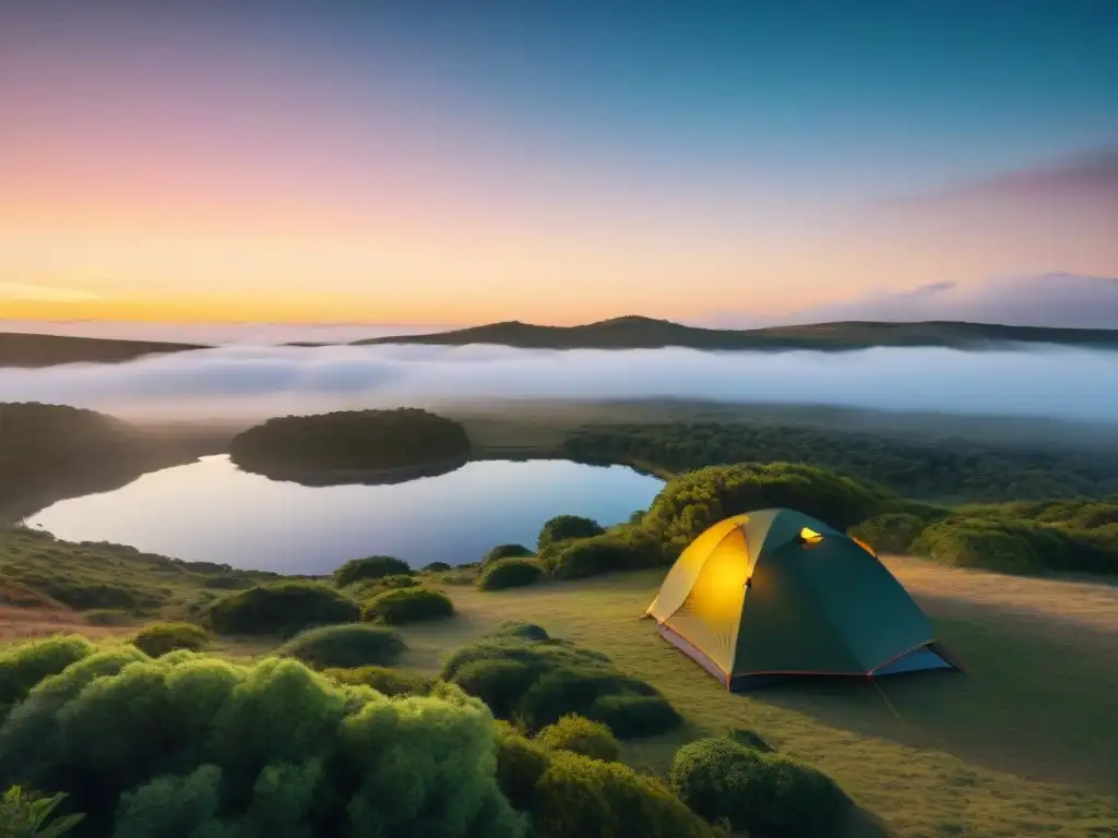 Camping en Uruguay: Atardecer sereno en el lago Campamento tranquilo al atardecer en Uruguay con tent, lago y actividades al aire libre, ideal para Seguros de viaje para camping en Uruguay
