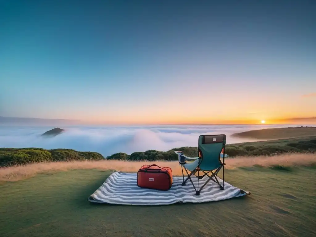 Un campamento tranquilo al atardecer en Uruguay con sillas y muebles camping cómodos