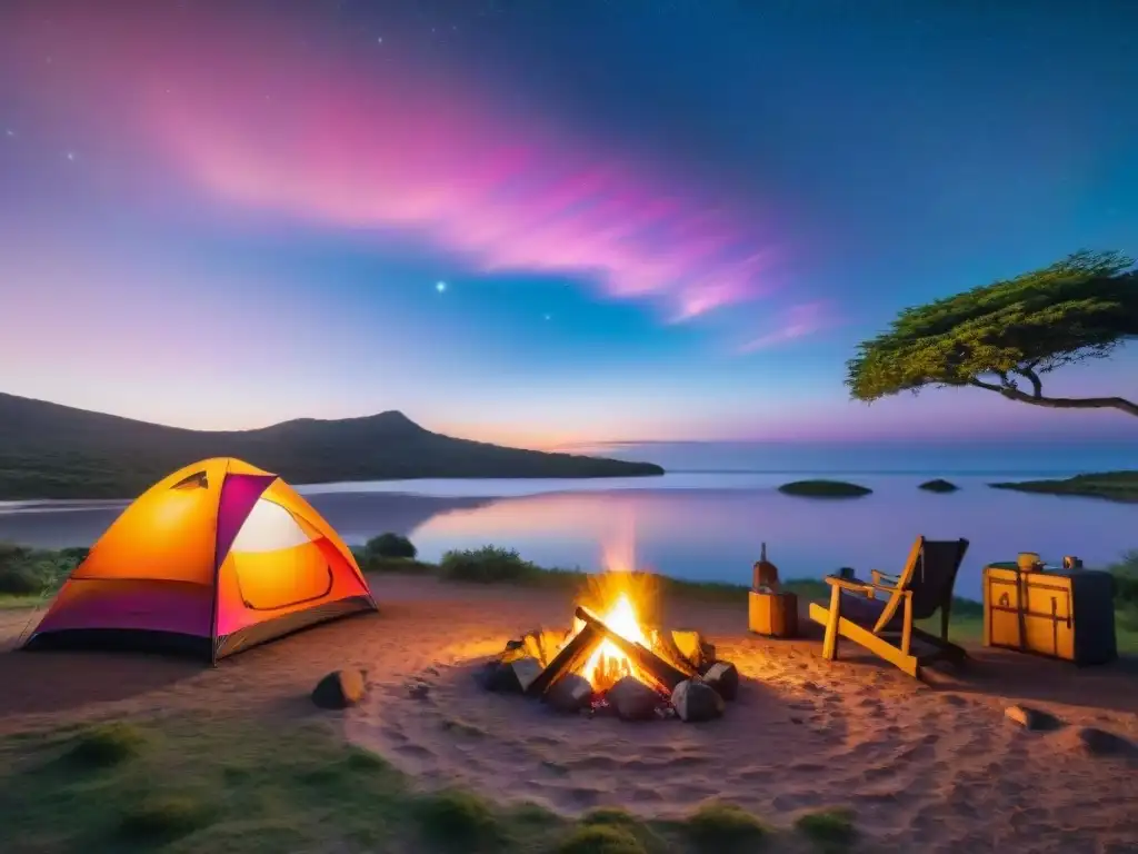 Campamento mágico al atardecer en Uruguay Campamento tranquilo al atardecer en Uruguay con una tienda acogedora iluminada por la puesta de sol, rodeada de naturaleza