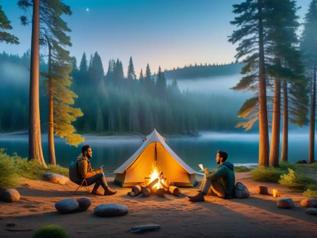 Campamento nocturno entre pinos: camaradería junto al fuego Campamento tranquilo al anochecer con fogata y campistas relajados entre pinos