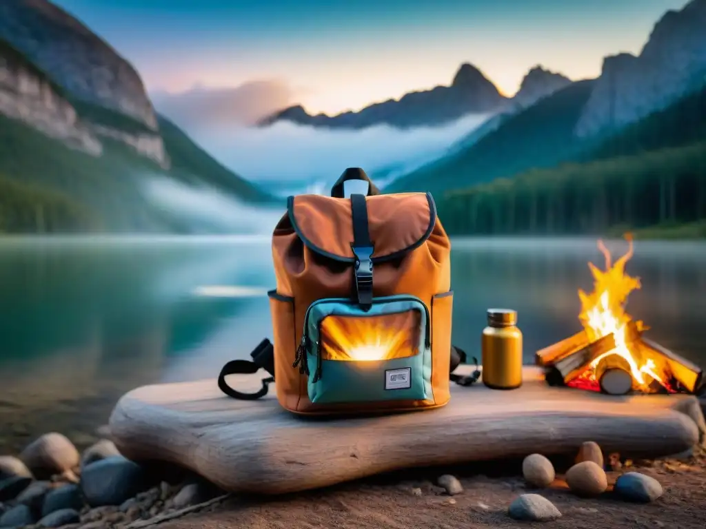 Campamento estelar con mochila compacta y alimentos deshidratados Un campamento tranquilo con una mochila compacta llena de alimentos deshidratados y una máquina portátil de deshidratación