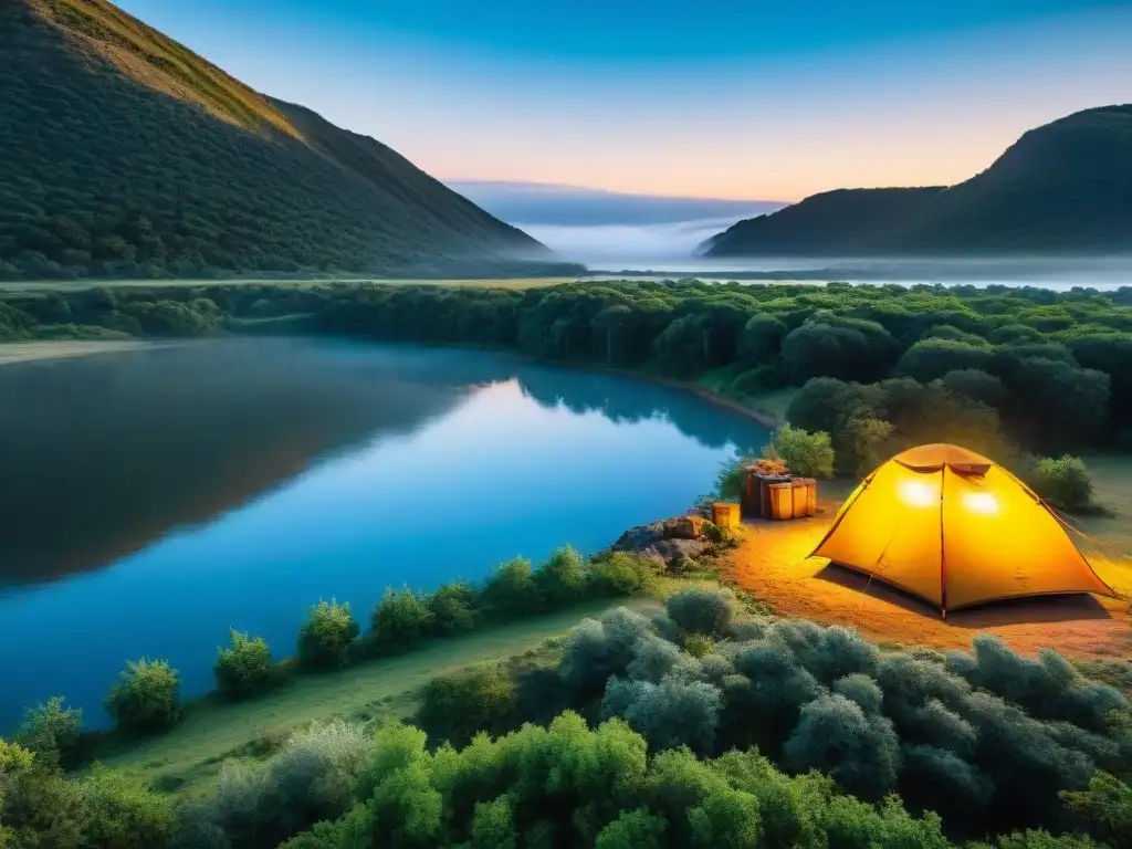 Camping tranquilo en Uruguay: paisaje sereno con río Campamento tranquilo en Uruguay con río sereno, tiendas coloridas y fogata cálida