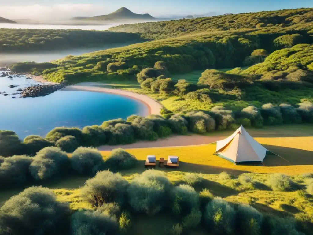 Camping idílico en Uruguay: oasis de tranquilidad en la naturaleza Un campamento tranquilo en Uruguay cerca de ríos, con tiendas de colores, fogata y actividades al aire libre al atardecer